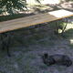 Pairs of benches in light wood and tubular metal