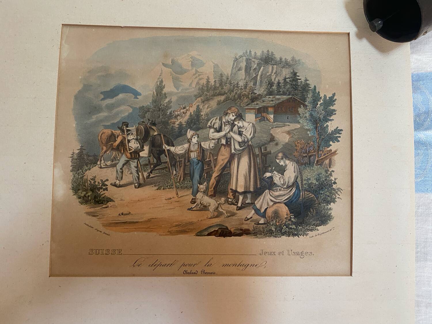 Grande gravure ancienne suisse « le départ pour la montagne »