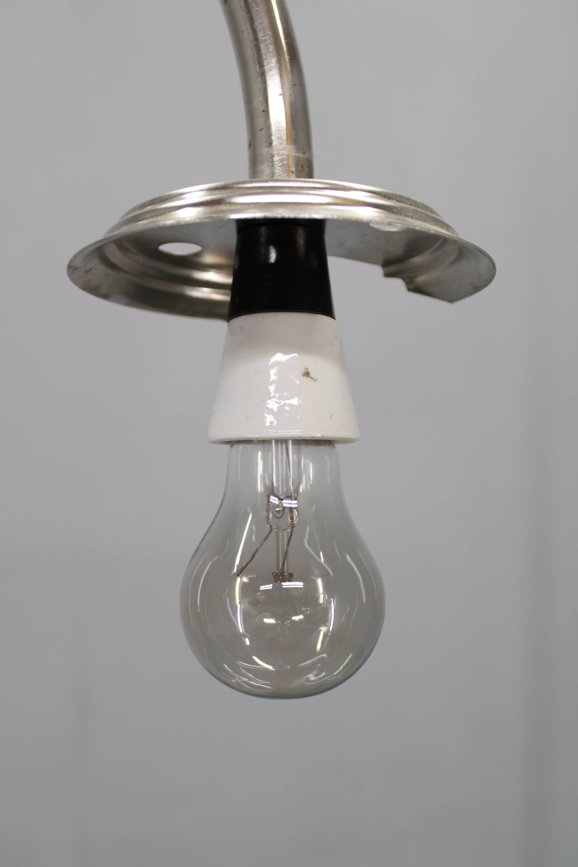1930s Czechoslovak Art Deco chrome floor lamp with milk glass globe and table