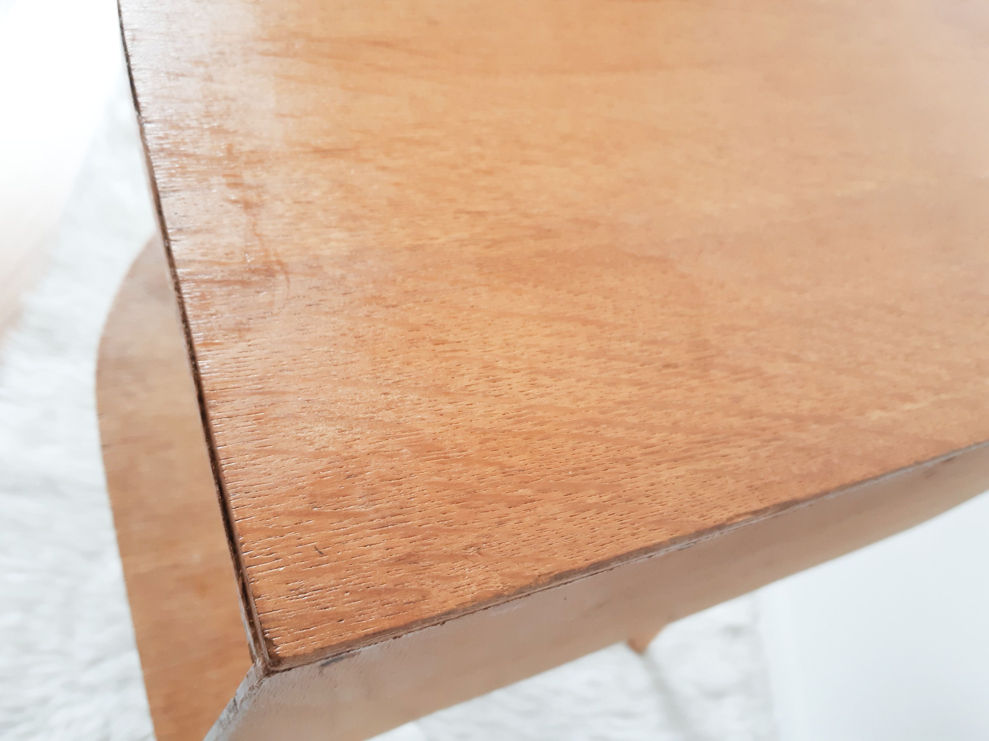 Old bedside table varnished wood, tripod varnished feet, vintage French, 50s (1)