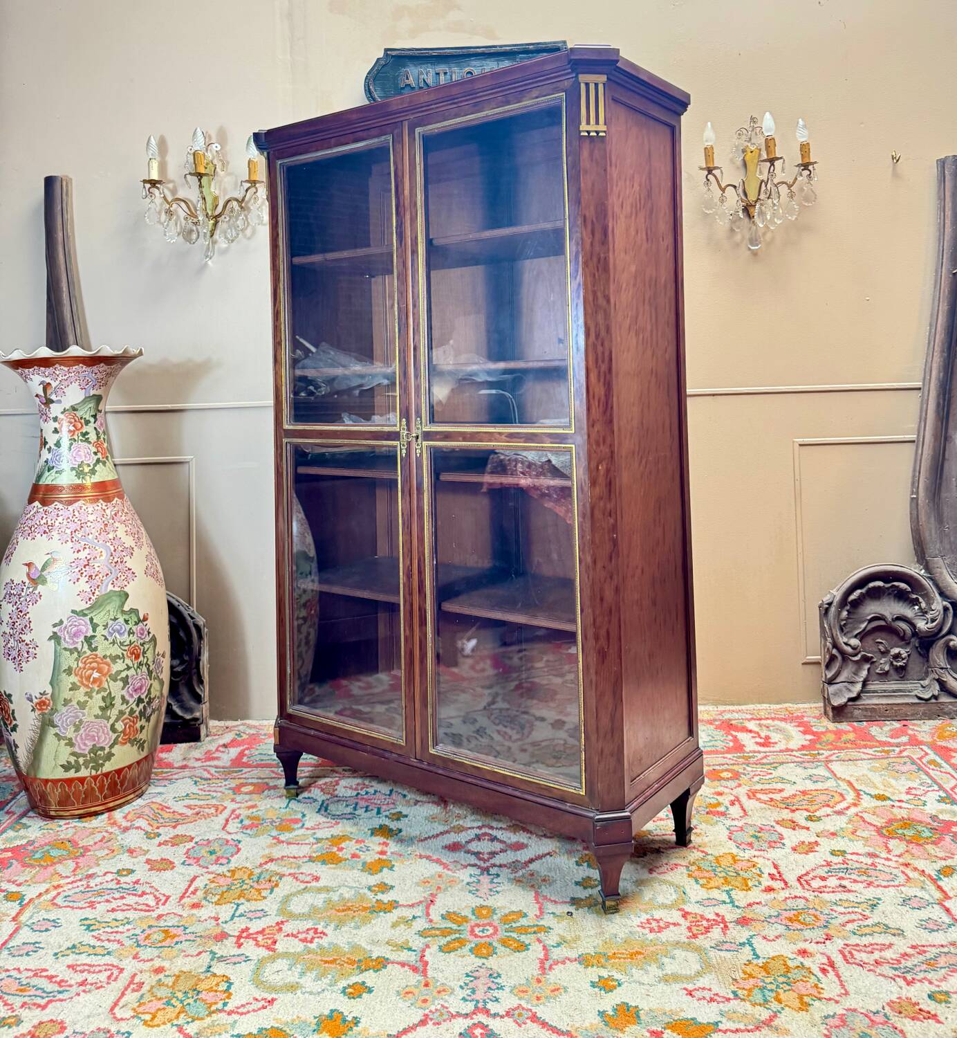 Library, mocheté mahogany display case in louis xvi style 19th century