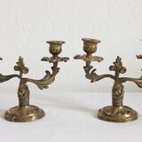 2 vintage gilded brass two-arm candlesticks