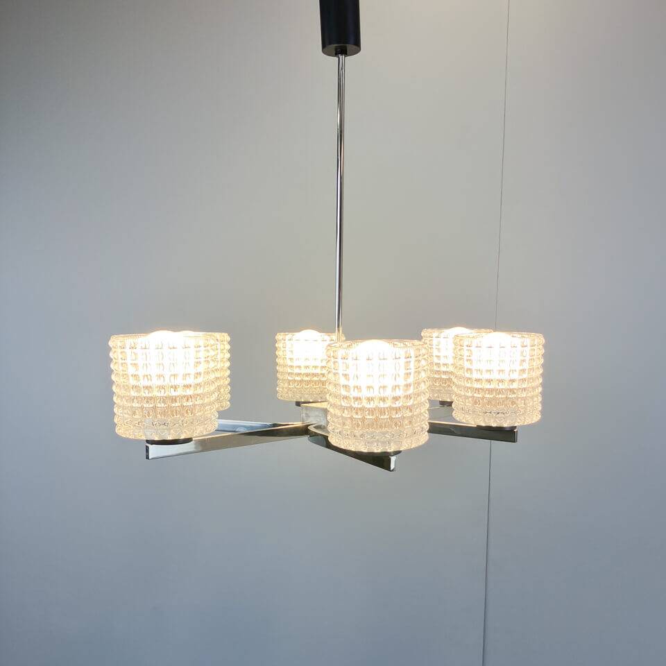 Six-light chandelier by Kaiser Leuchten, chrome, glass, vintage of the 60s