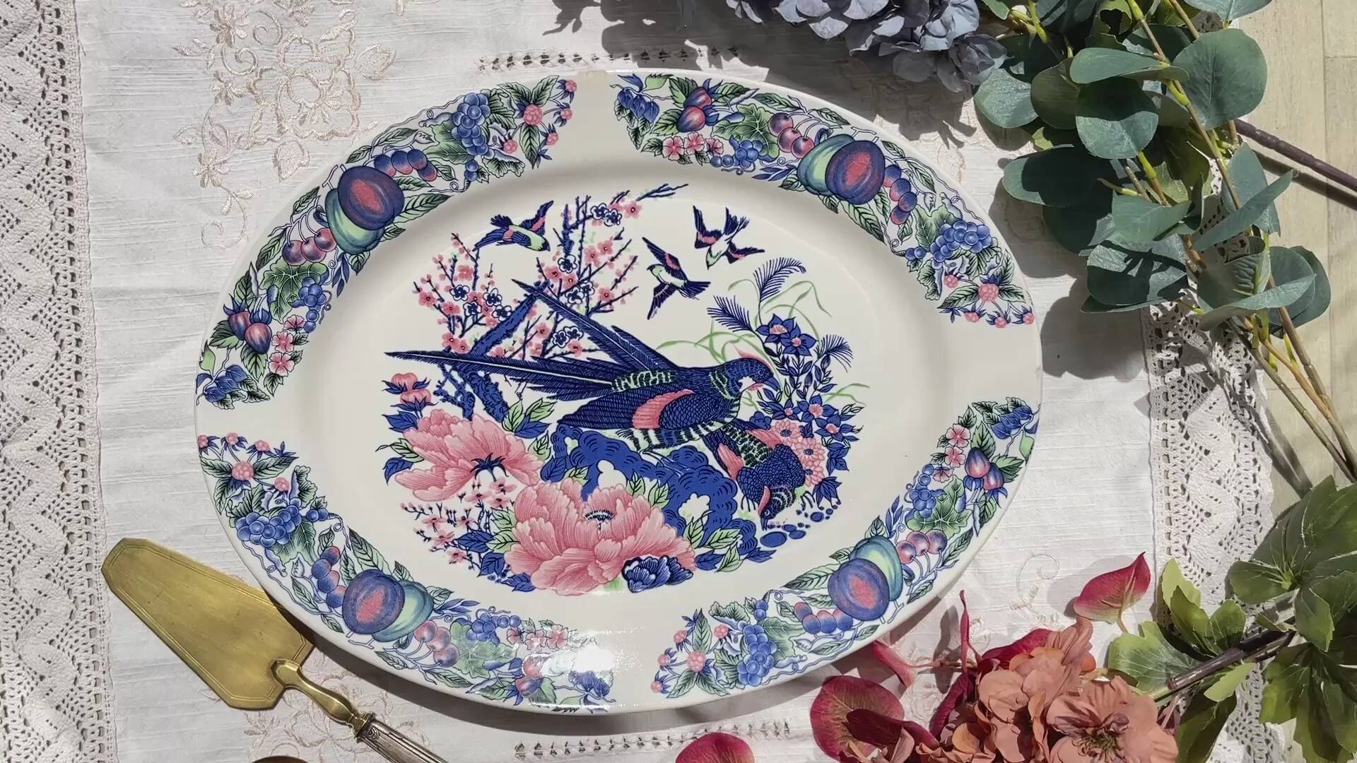 Large antique oval platter in Italian Stoviglierie earthenware – blue, green, and pink bird and flower motif