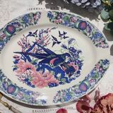 Large antique oval platter in Italian Stoviglierie earthenware – blue, green, and pink bird and flower motif