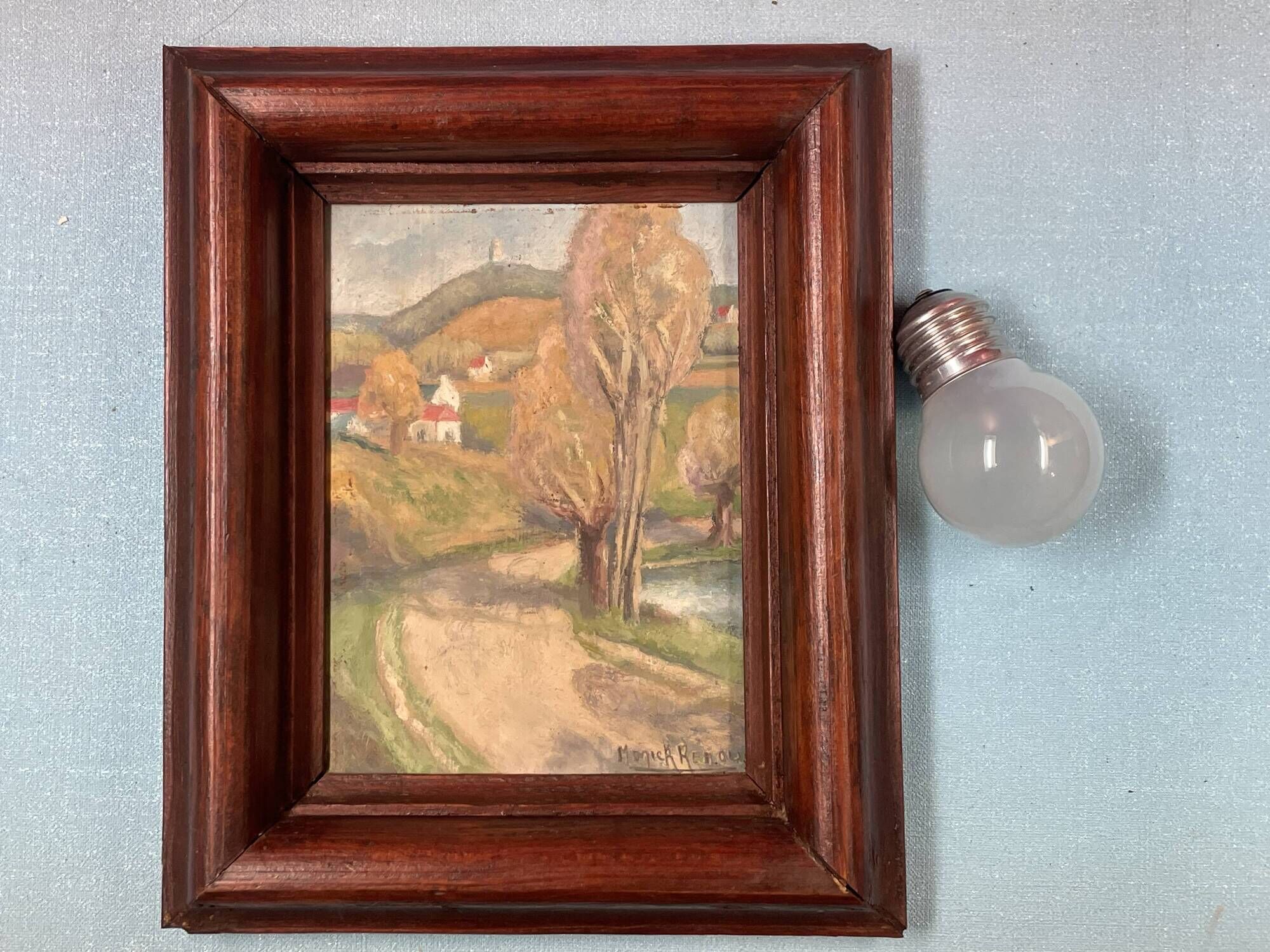 Small landscape painting on hardboard in molded natural wood frame, Monick Renou