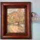 Small landscape painting on hardboard in molded natural wood frame, Monick Renou