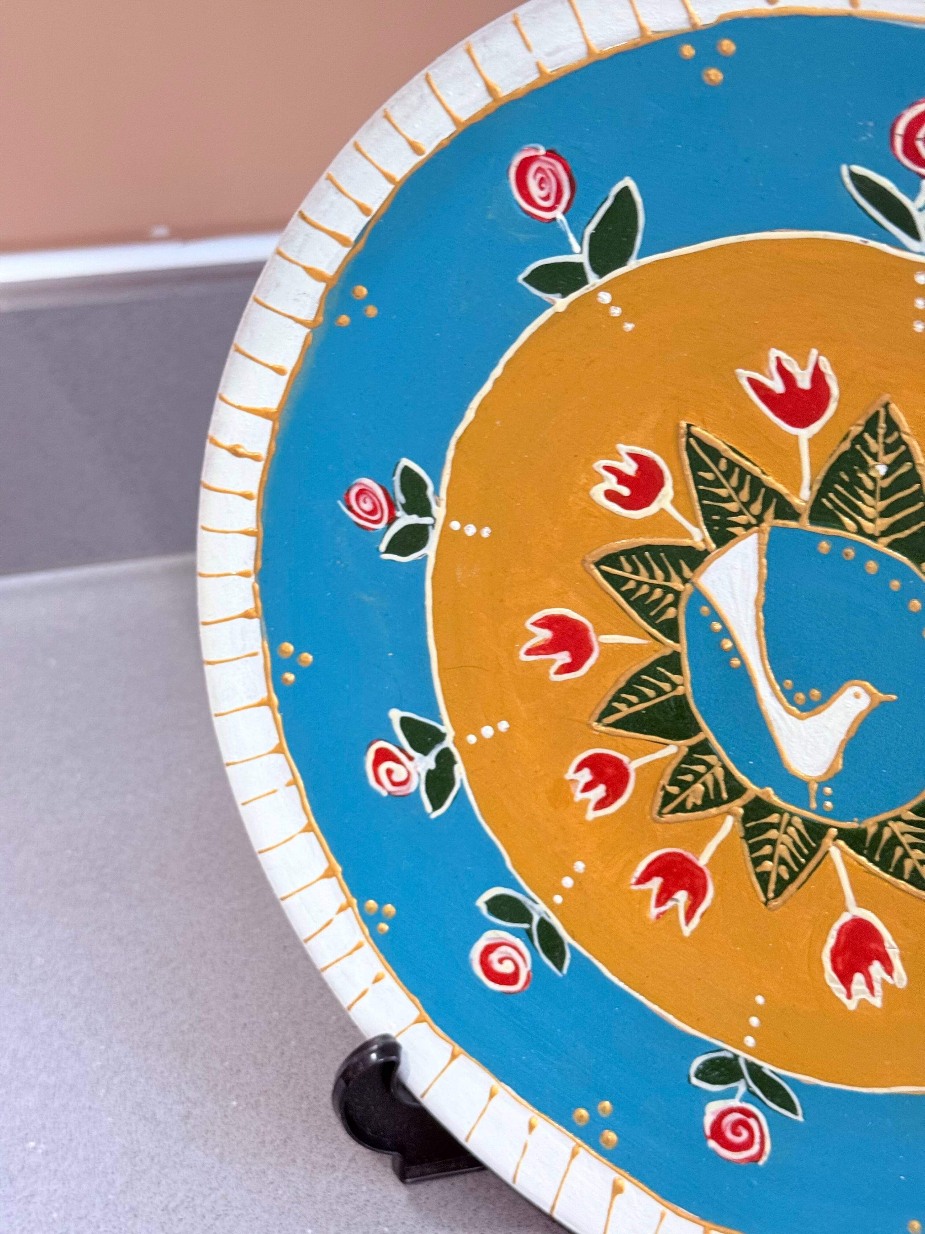 Hand-Painted Wall Decorative Ceramic Plate with Dove & Floral Folk Art Design