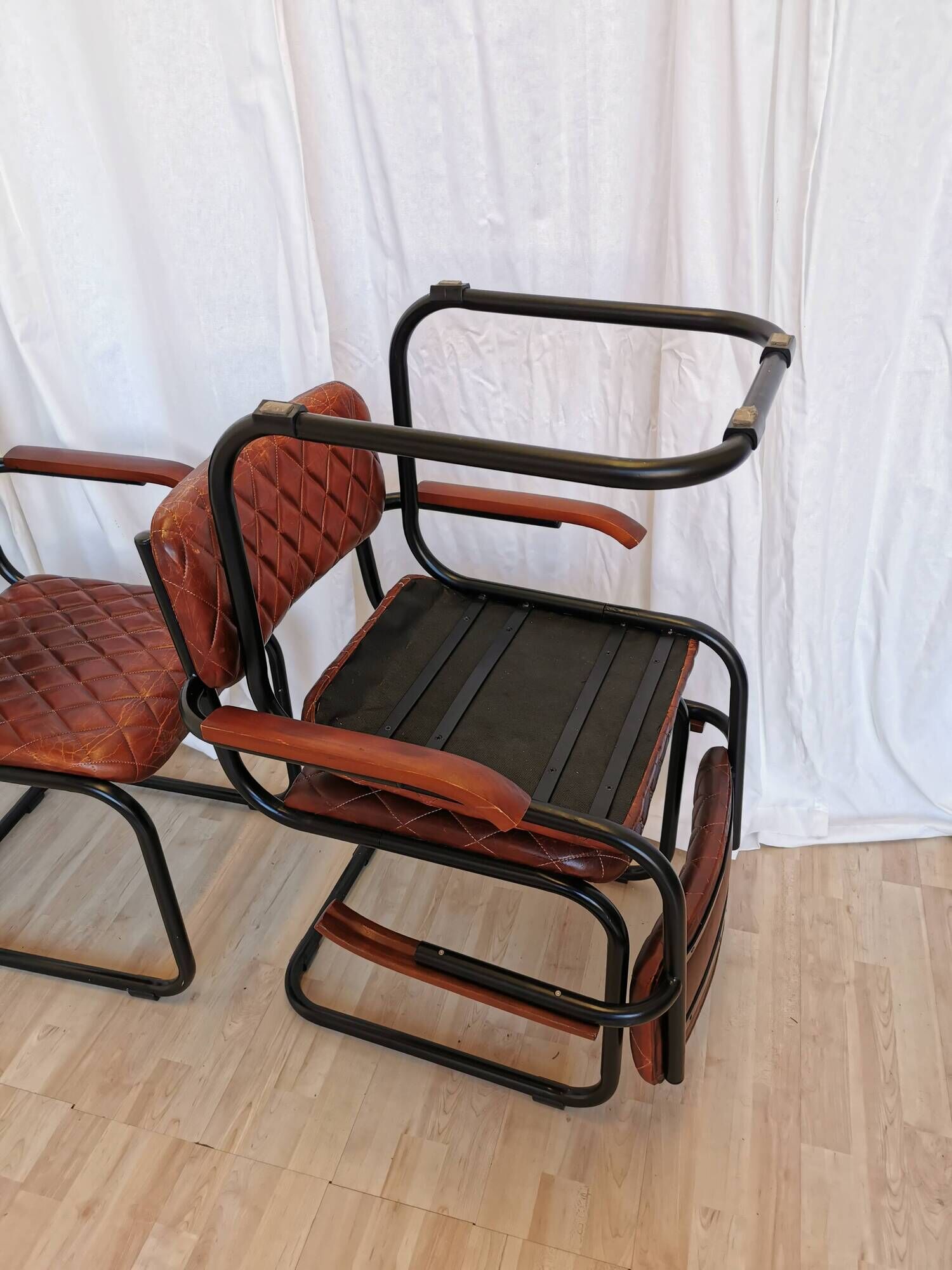 Set of 4 Vintage Quilted Leather Dining Chairs: Black Metal Base
