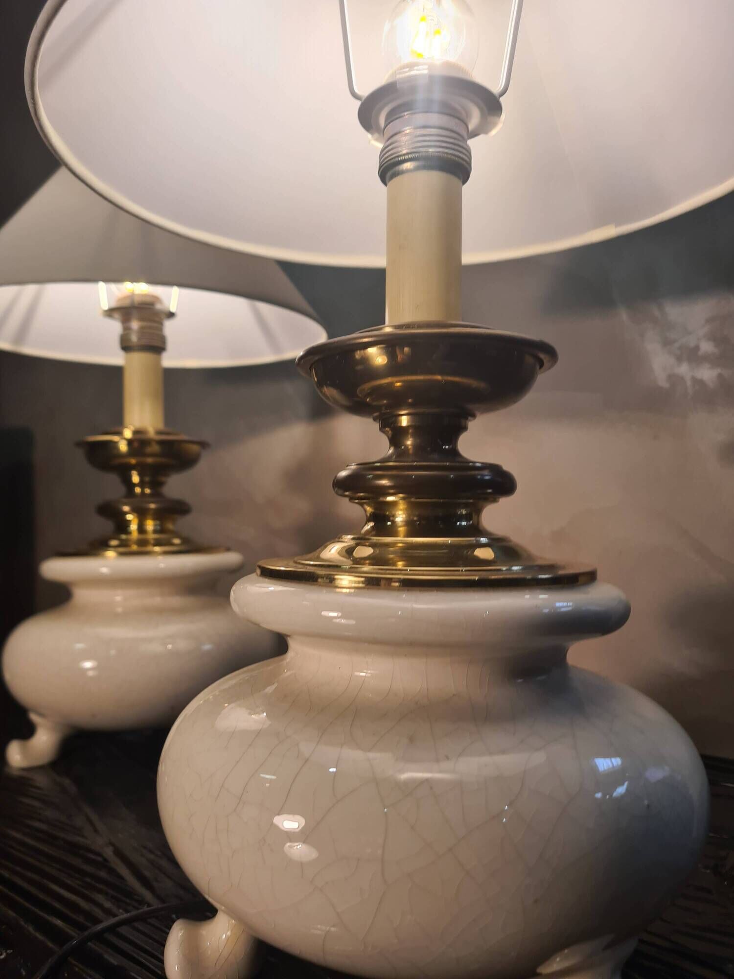 pair of table or bedside lamps in white ceramic with brass tripod 45x3