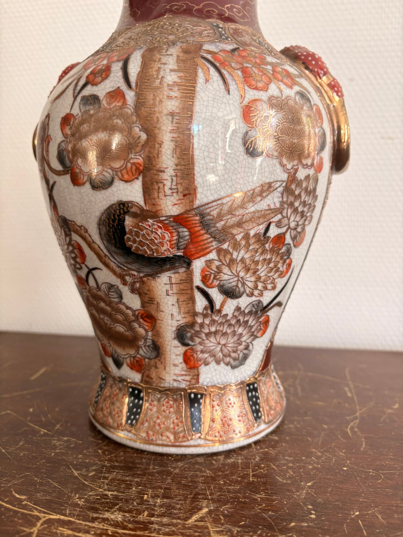 Satsuma Vase Japan Ceramic Bird Peony Meiji 30cm