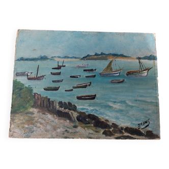 Tableau peinture à l'huile sur carton marine bord de mer