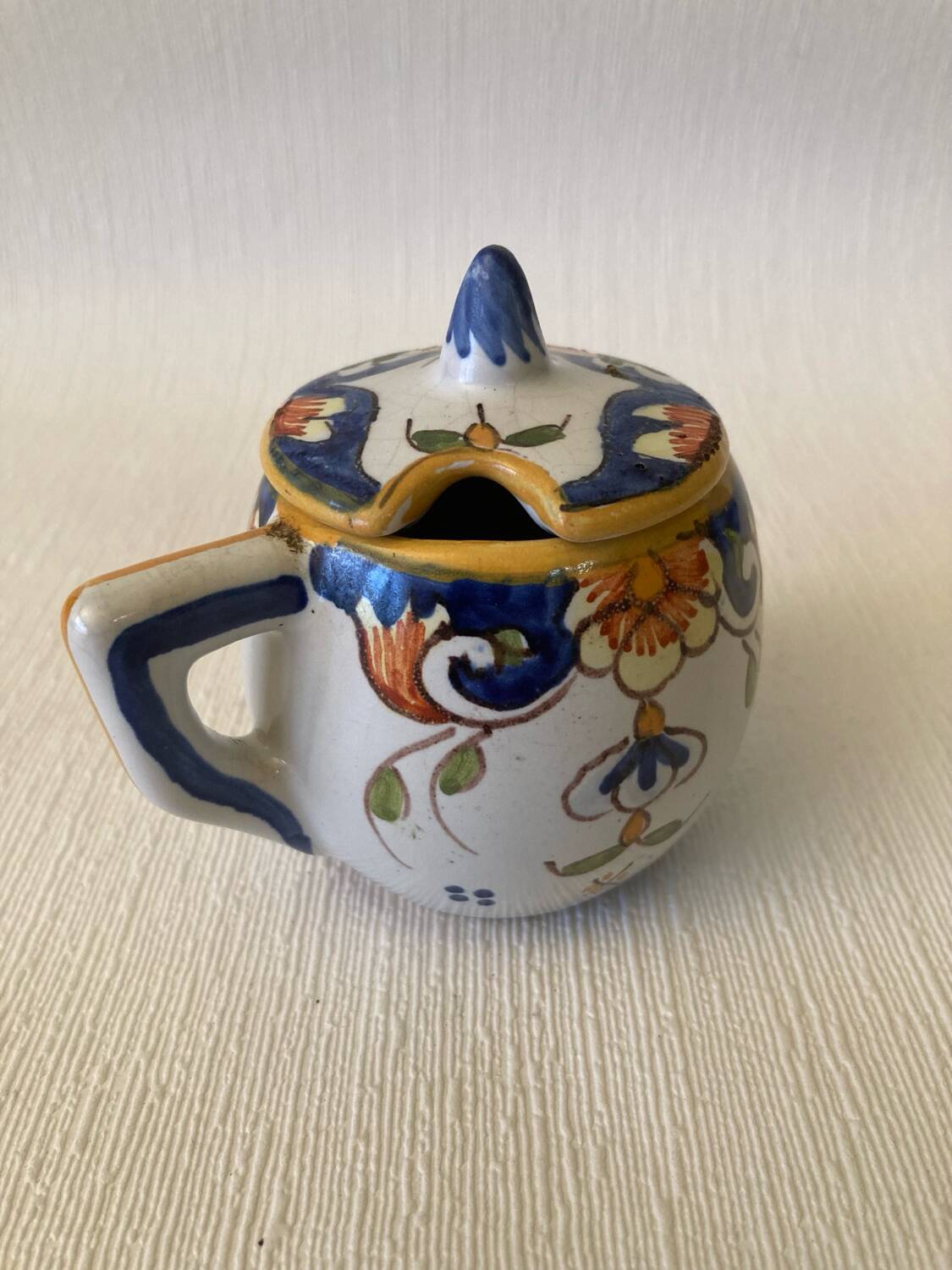Mustard pot signed Henri Delcourt Hand painted Old Rouen early 20th century