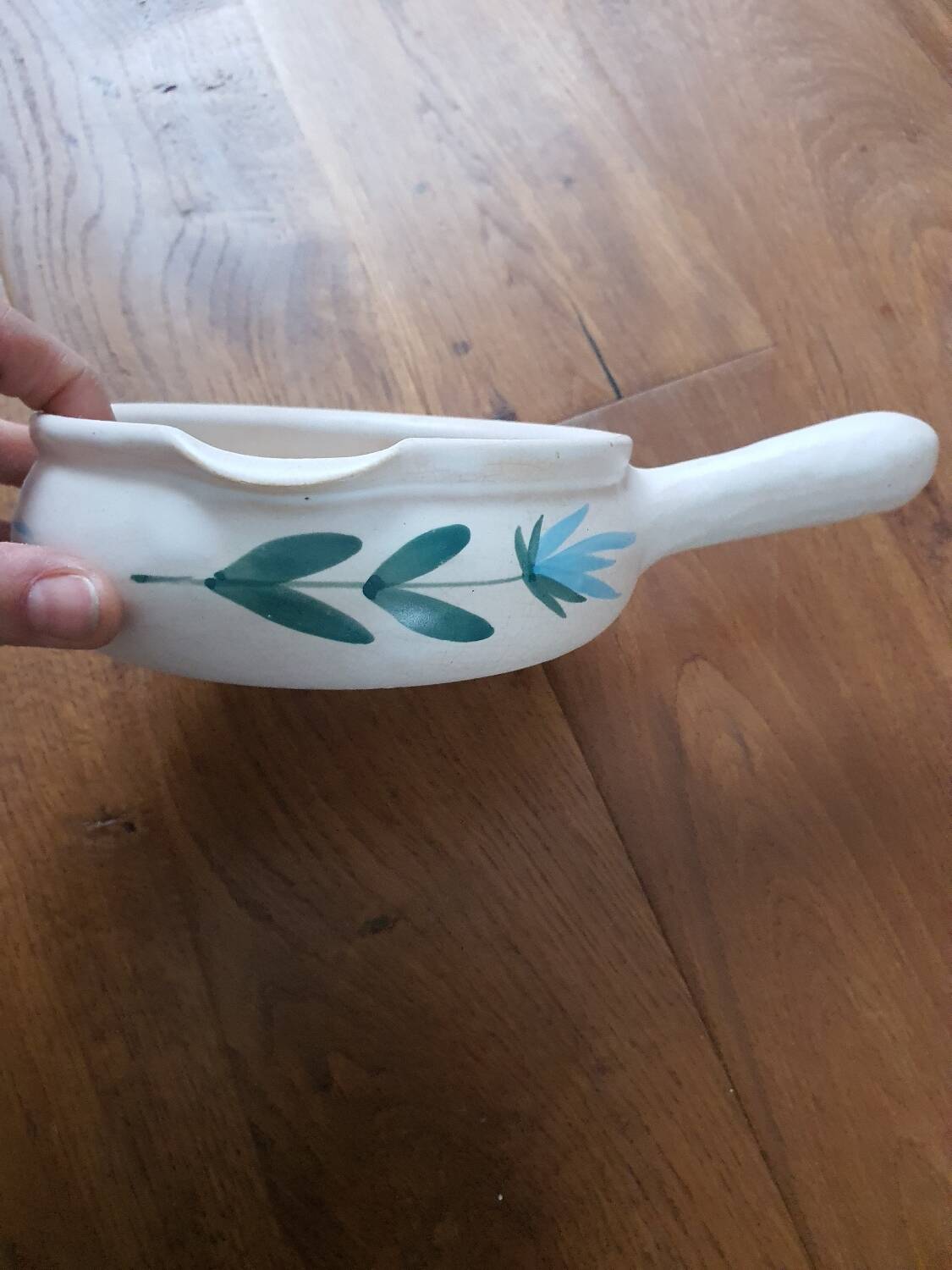 Vintage fondue pot, Marais pottery, hand-painted blue floral decoration