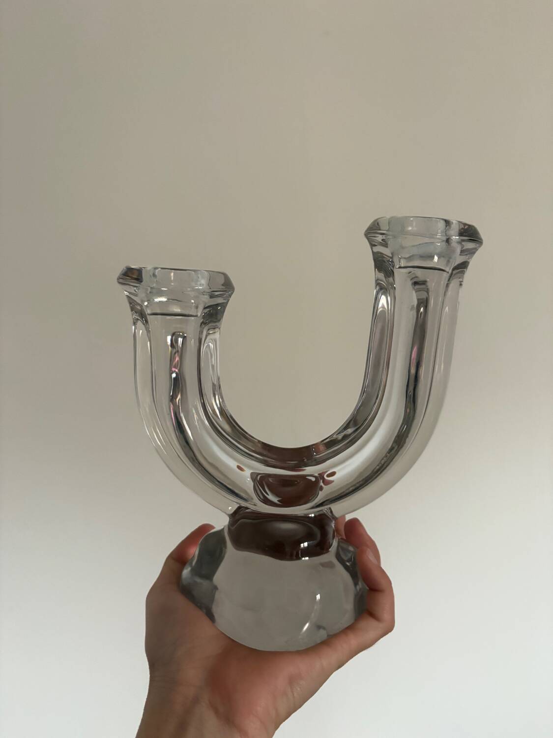 Vintage crystal glass candlestick with two branches.