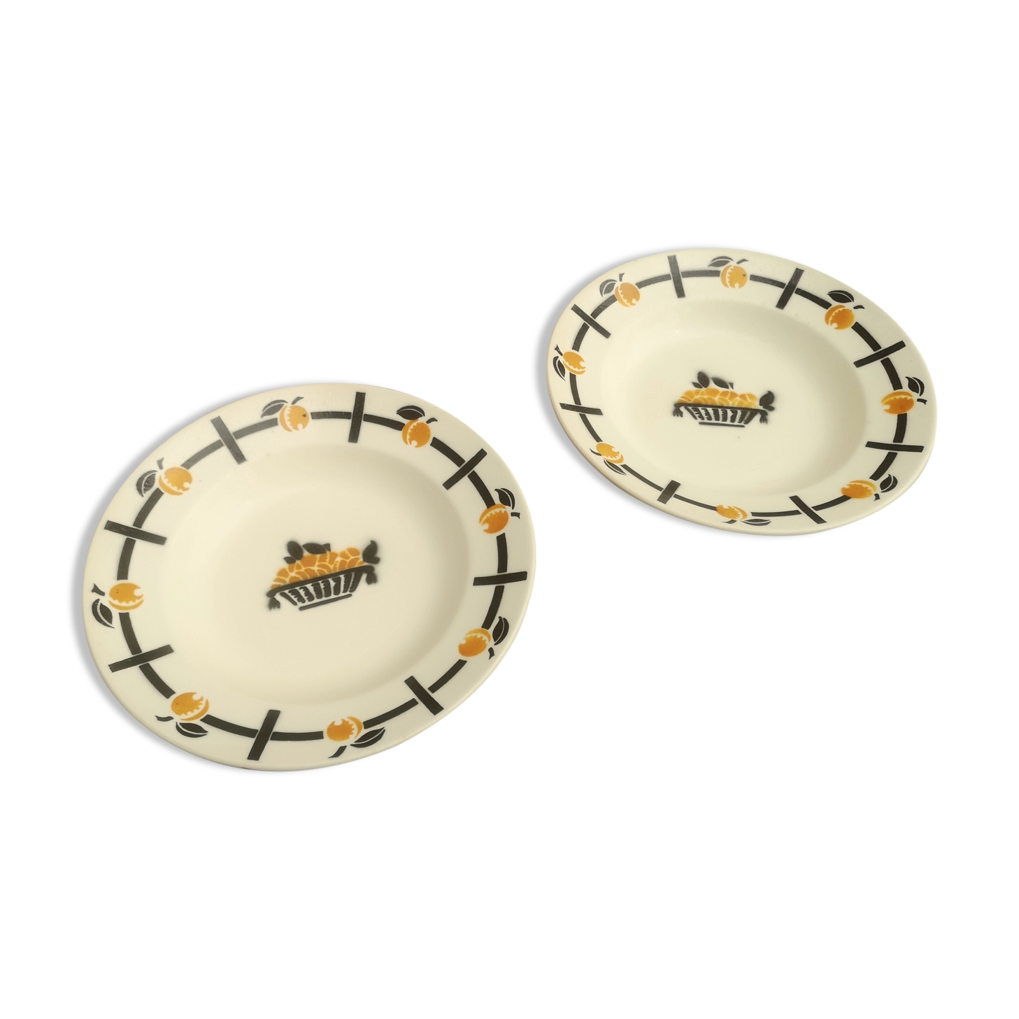 Set of 2 ceramic soup plates décor basket apricots signed Badonviller
