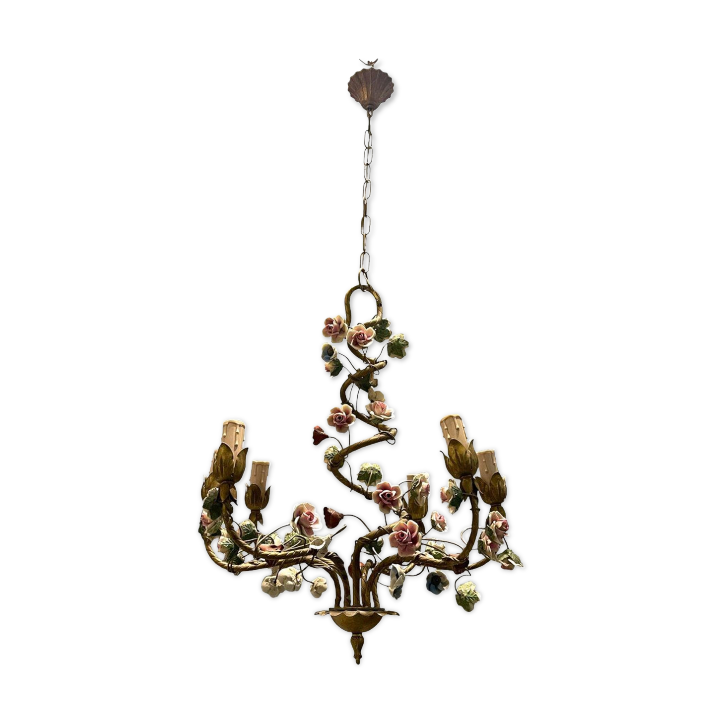 Italian Tole Ceramic Flower Chandelier, 1960s