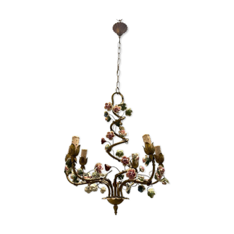 Italian Tole Ceramic Flower Chandelier, 1960s