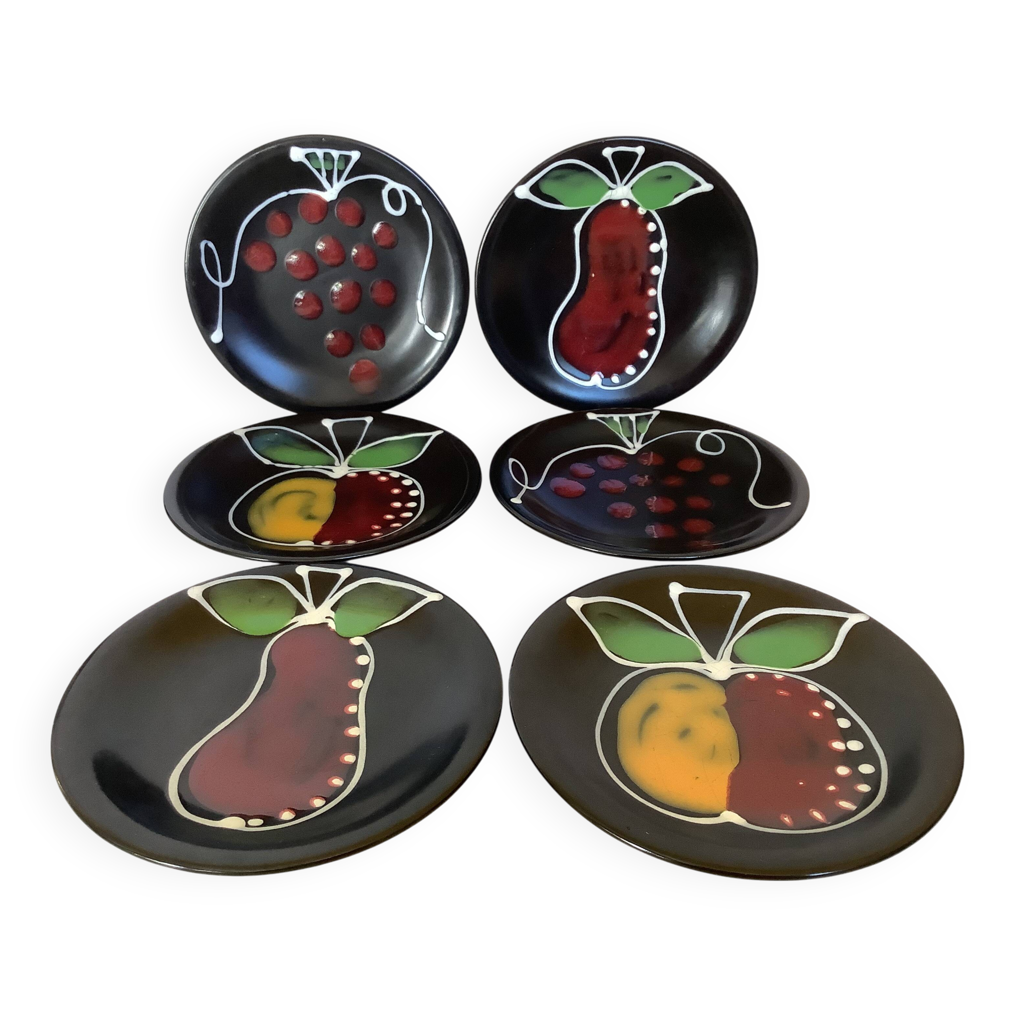 Six black glazed ceramic dessert plates