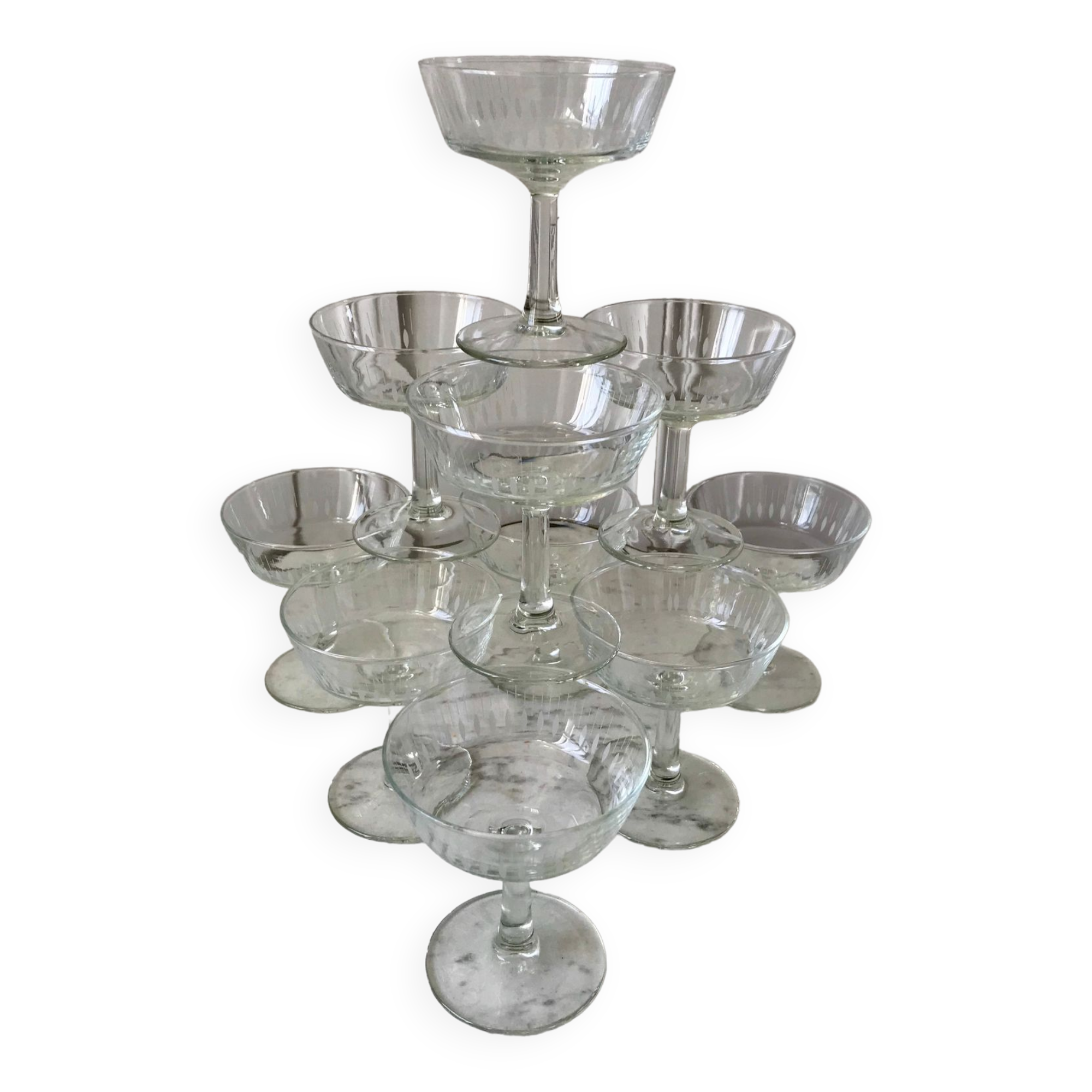 Lot de 10 coupes à champagne en verre cristallin années 50-60
