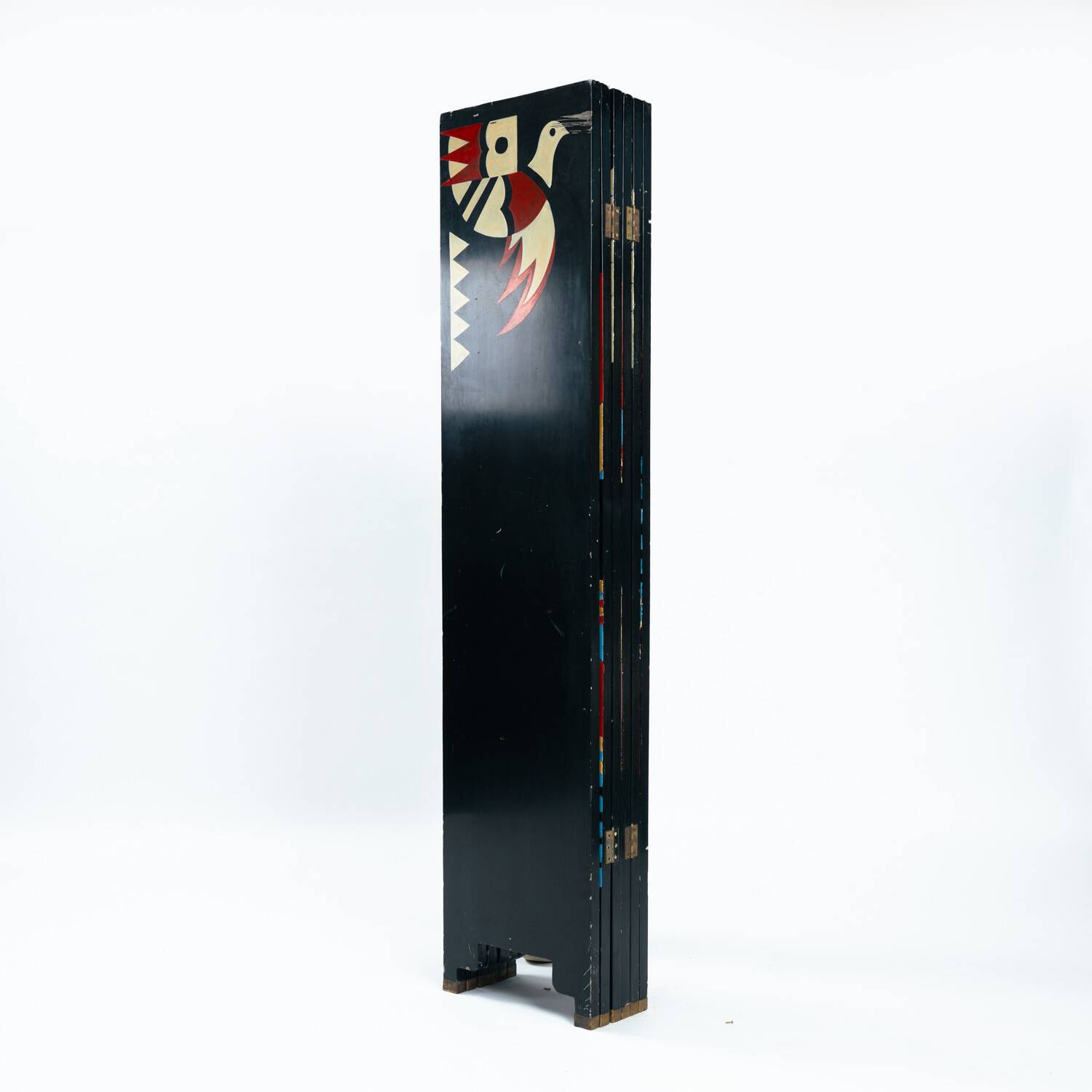Room divider in art deco style with birds, geometric patterns, red, yellow, blue