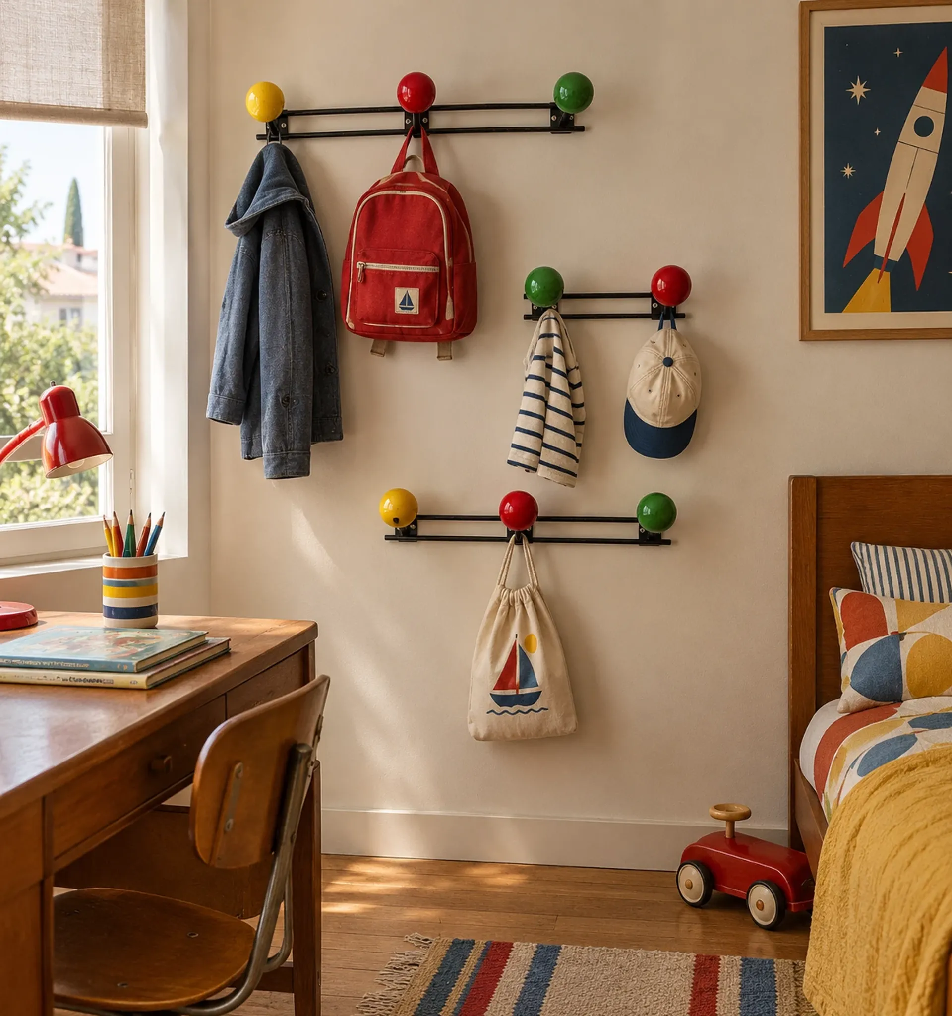 Vintage 1960s tricolour coat rack trio with 3 ball hooks - 45 x 6 / 2