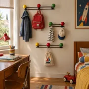 Vintage 1960s tricolour coat rack trio with 3 ball hooks - 45 x 6 / 2