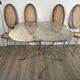 Ensemble table + 4 chaises fer forgé patiné, plateau granit Kashmir, cannag