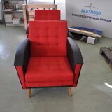 Pair of vintage red fabric armchairs with light wood legs from the 1960s.