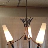 Modernist chandelier with 3 lights in gold and black metal, opaline tulip - 50s