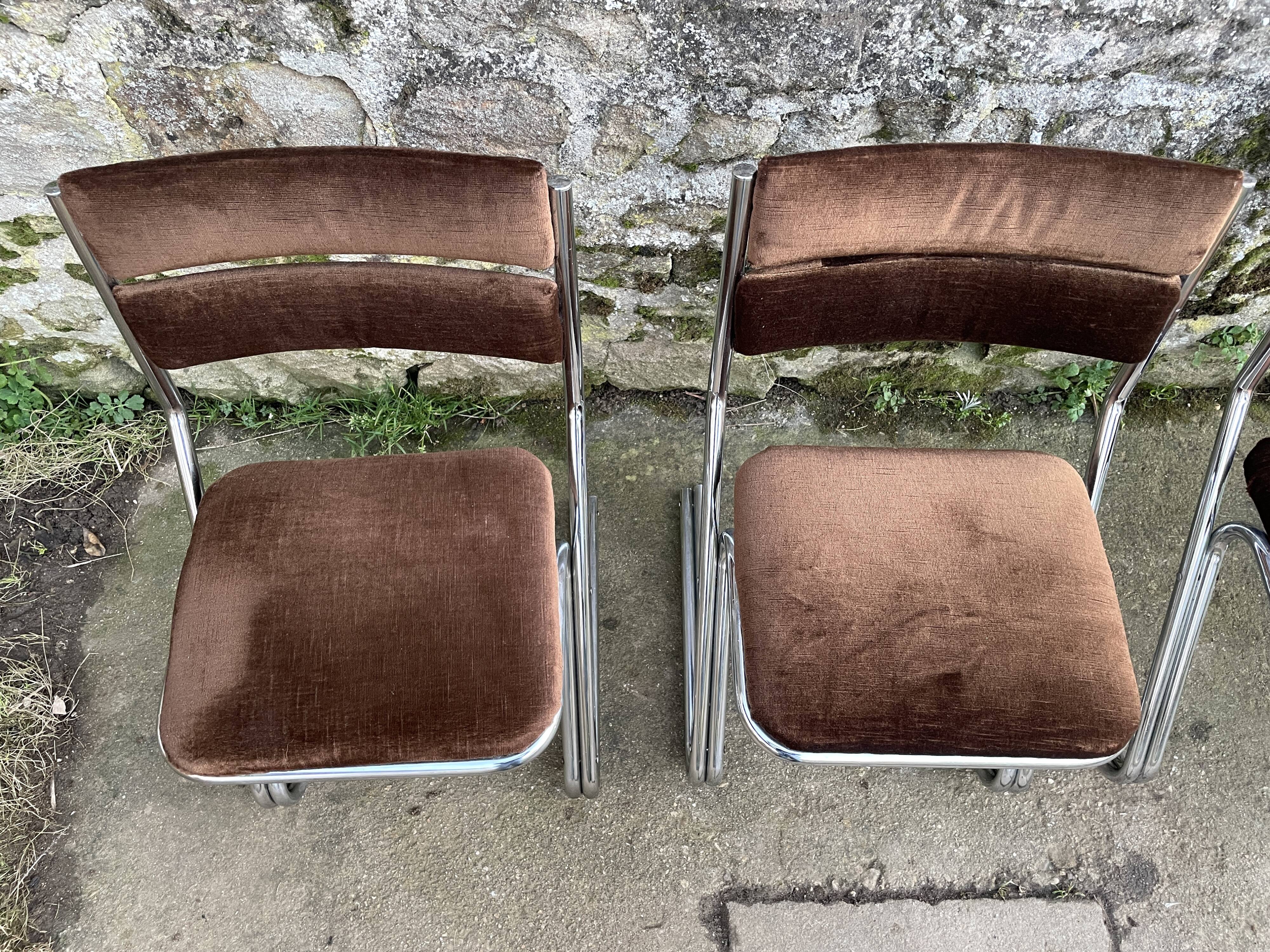 Set of 4 brown velvet zigzag chairs 1970