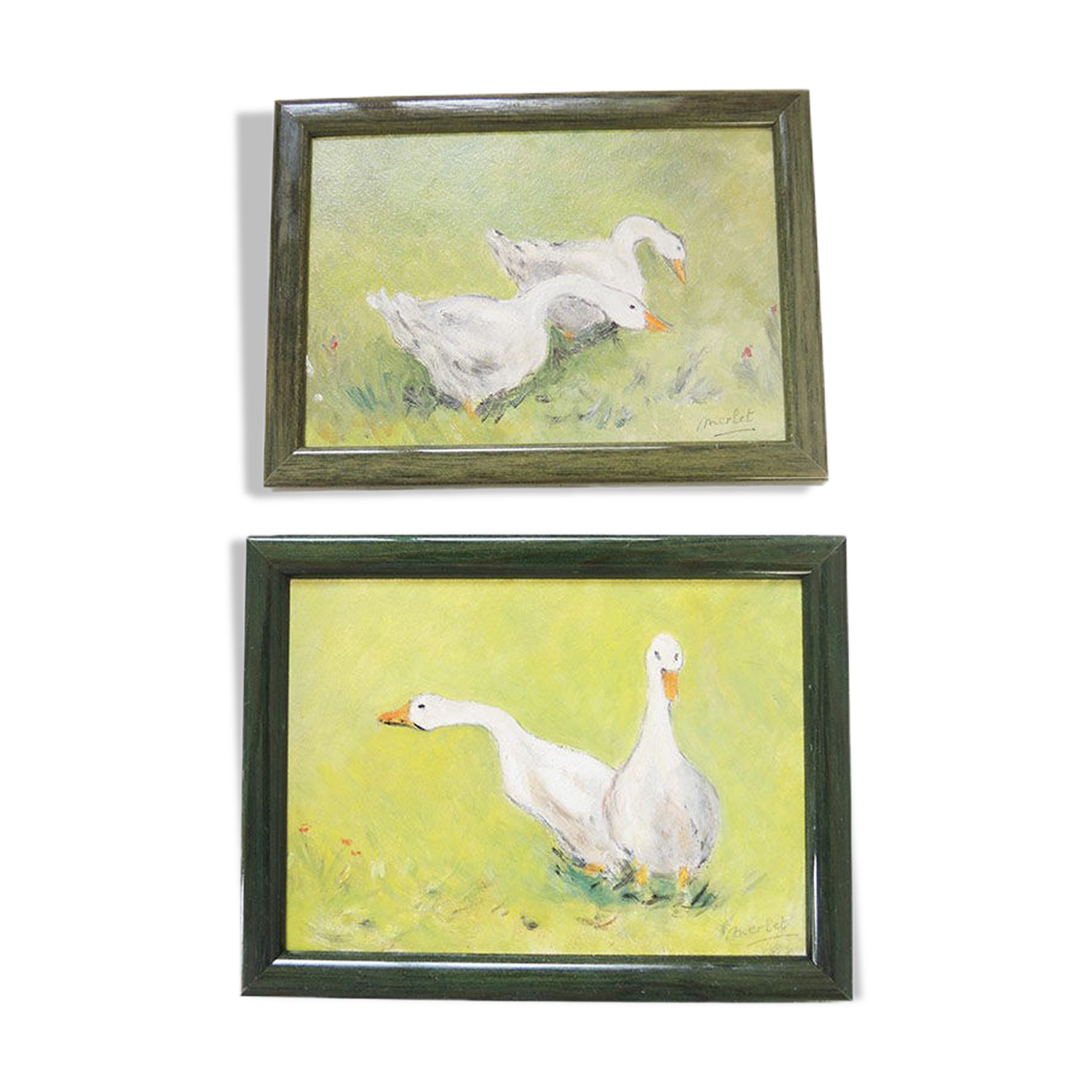 2 Oils on Wood Framed and Signed Henri Merlet: White Geese