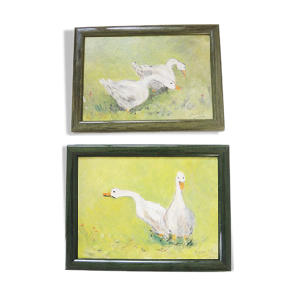 2 Oils on Wood Framed and Signed Henri Merlet: White Geese