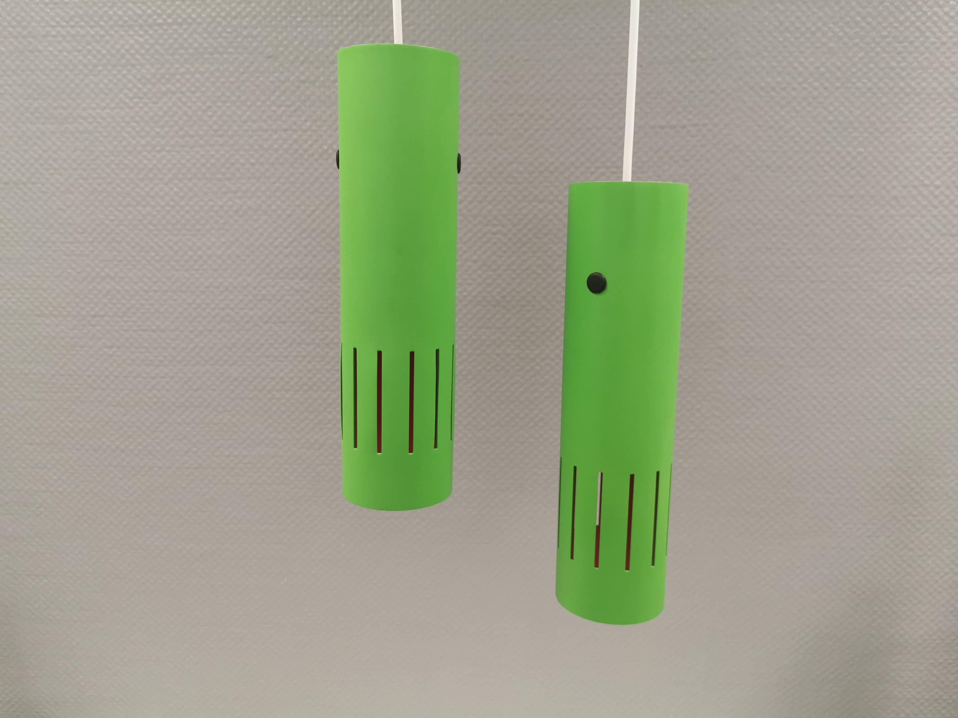 Trombone hanging lamps, refurbished, repainted in beautiful green colours