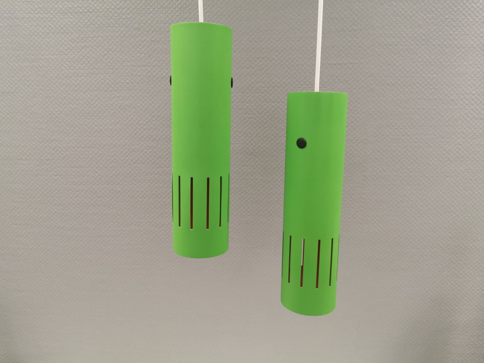 Trombone hanging lamps, refurbished, repainted in beautiful green colours