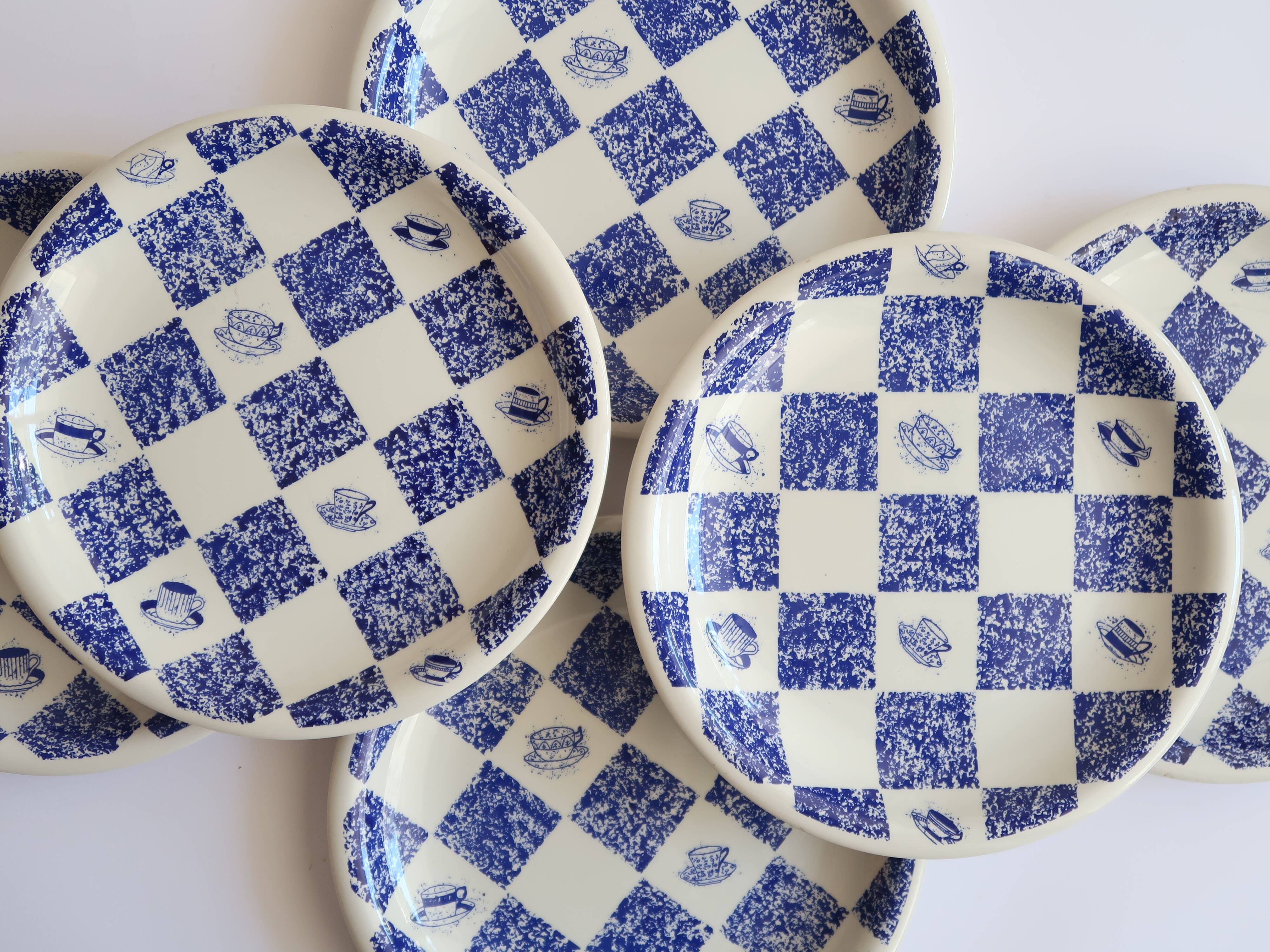 Set of 6 vintage blue and white checkered plates