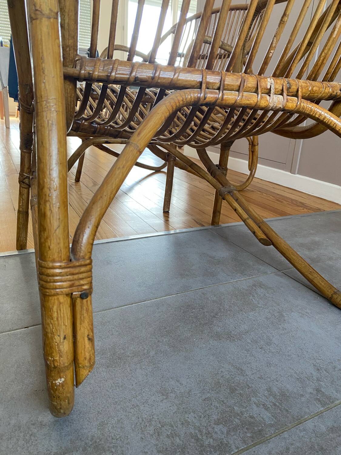 Rare pair of vintage rattan and wicker armchairs from the 1950s