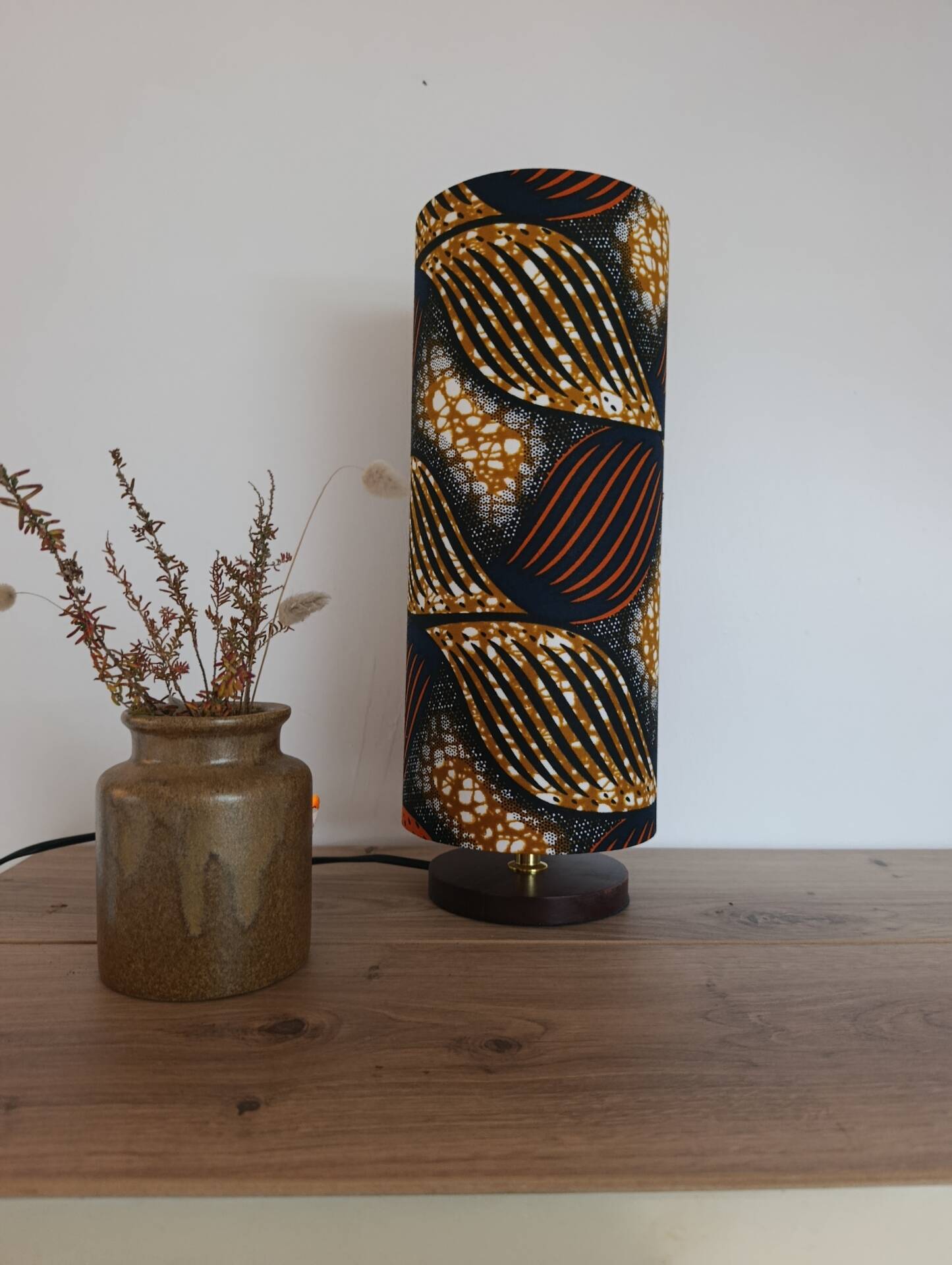 tube lamp wooden base | wax fabric boho-ethnic chic