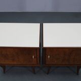 Pair of mid-century Italian walnut nightstands with glass top, 1950s
