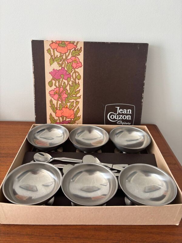 Coffret vintage Jean Couzon 6 coupes à glace inox et cuillères bistro