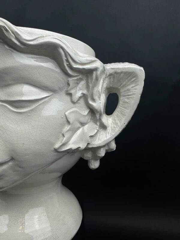 Large white earthenware flowerpot with faun heads circa 1900