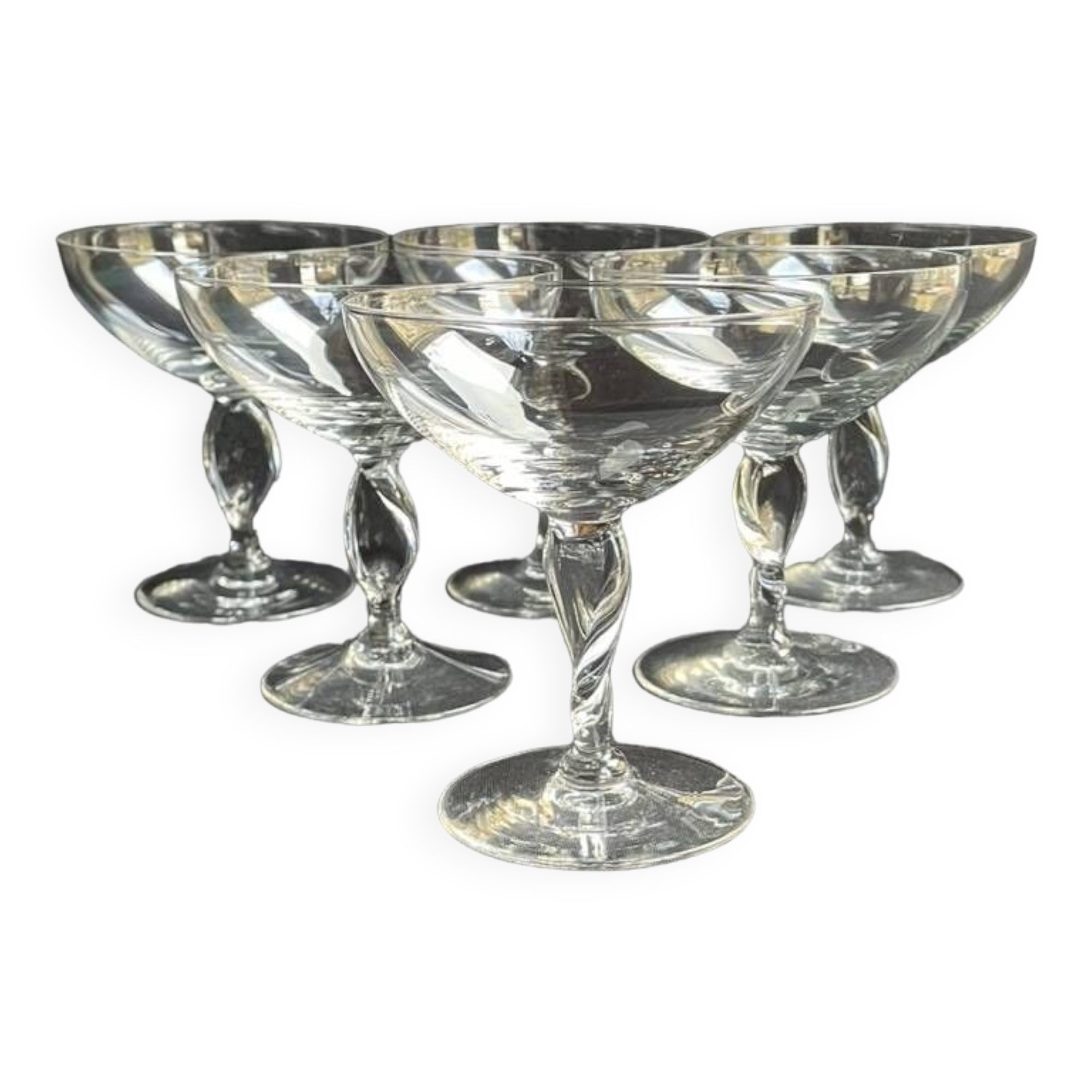 6 light crystal champagne glasses with twisted leg, early 20th century