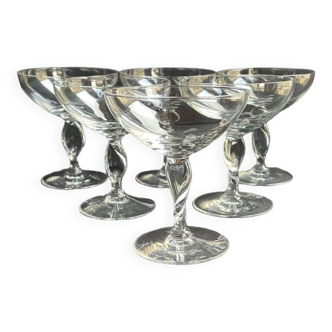 6 light crystal champagne glasses with twisted leg, early 20th century
