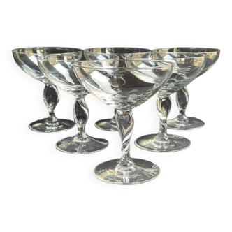 6 Coupes à champagne cristal léger jambe torsadée début XXème