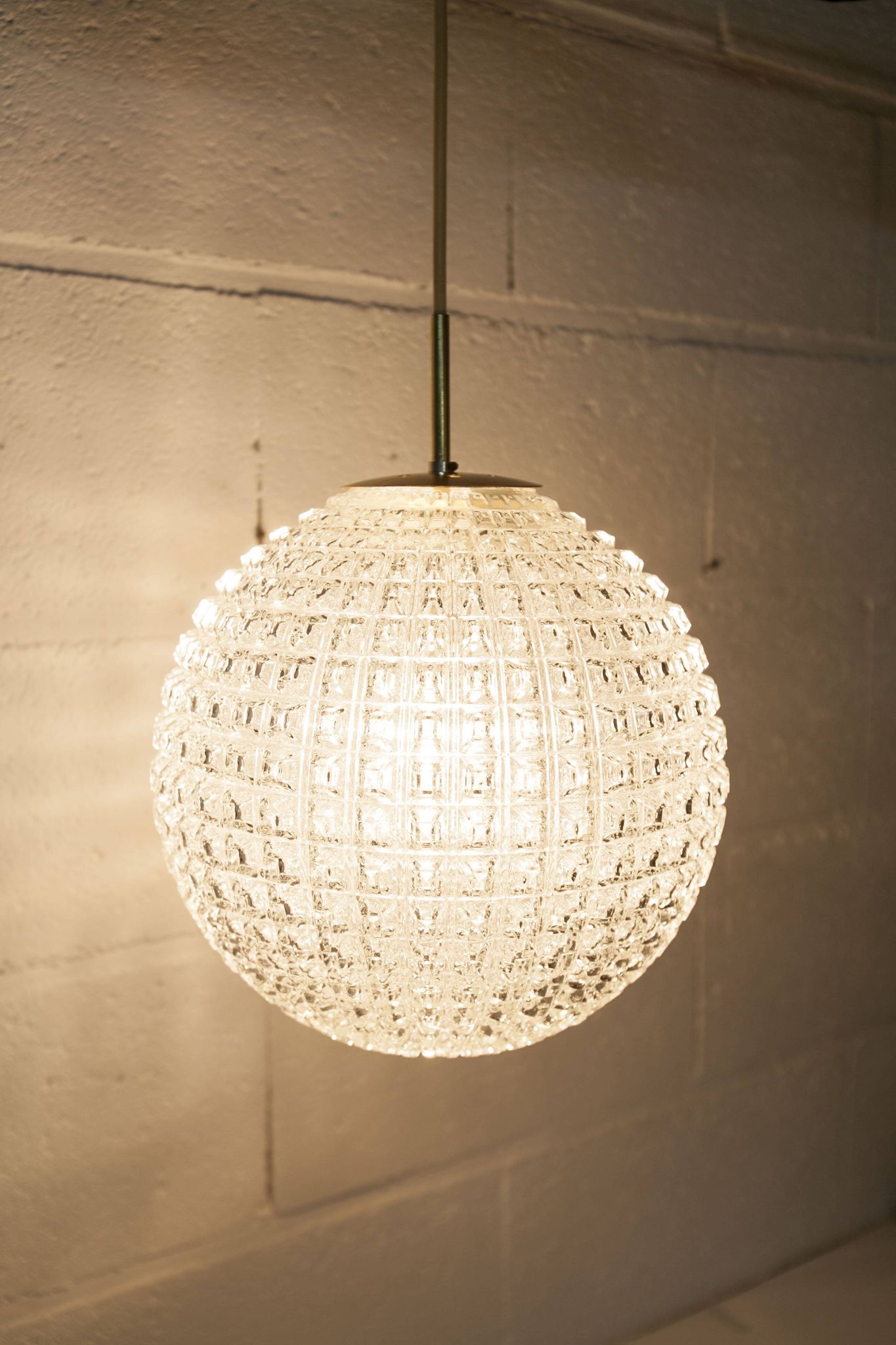 1960s Holophane Ball Pendant Chandelier, Thick Glass, 30 cm, and Vintage Brass