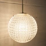 1960s Holophane Ball Pendant Chandelier, Thick Glass, 30 cm, and Vintage Brass