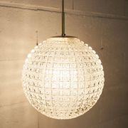 1960s Holophane Ball Pendant Chandelier, Thick Glass, 30 cm, and Vintage Brass
