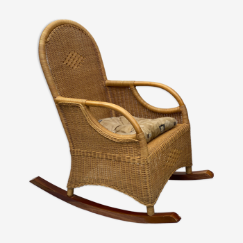 Rocking-chair vintage rotin et teck