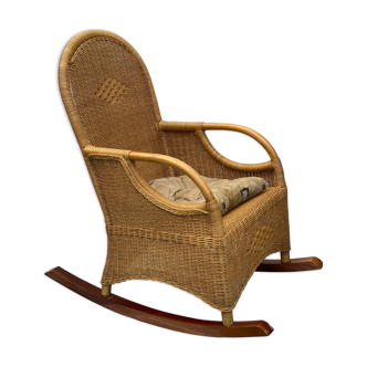 Rocking-chair vintage rotin et teck