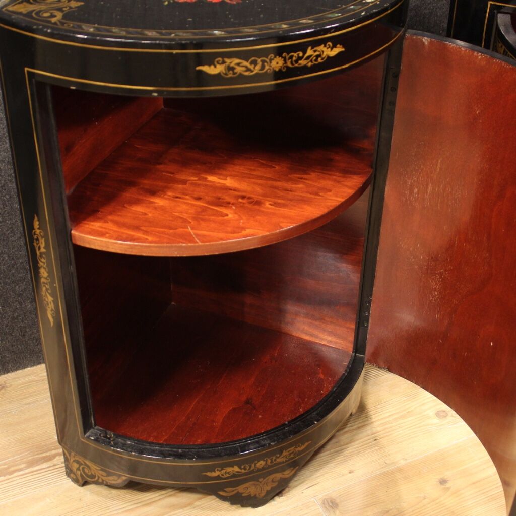 Pair of lacquered and painted French corner cabinets
